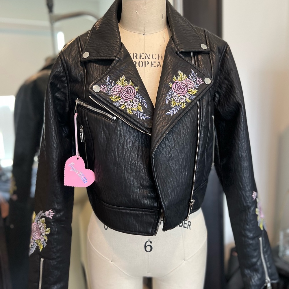 Dolls KillxSugar Thrills NWT embroidered pink flower dragon faux leather jacket